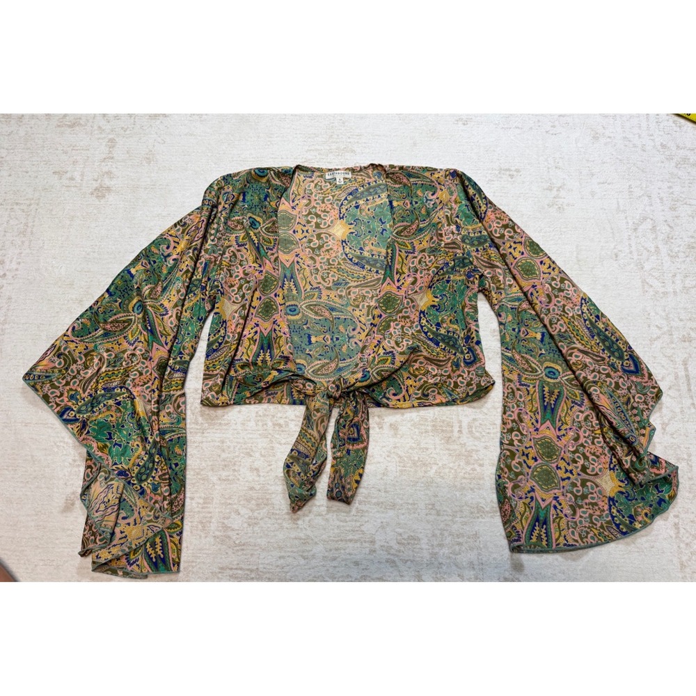 Earthbound Trading Co Womens Paisley Tie Front Bell Sleeve Crop Top Small Boho